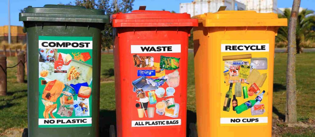 three trash bins for selective waste disposal -  German labeling act verpackg