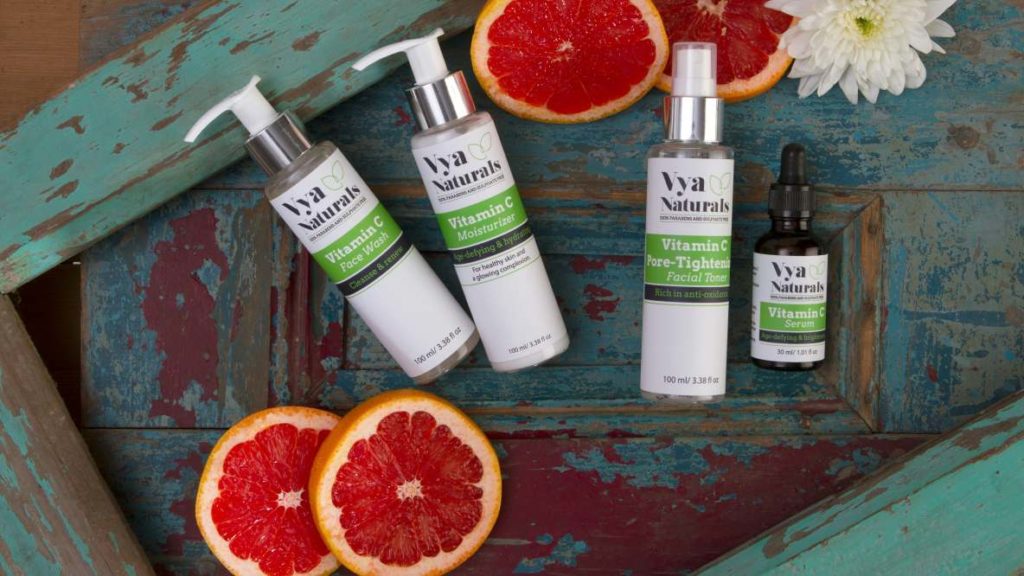 bottles of cosmetic product containing vitamin C
