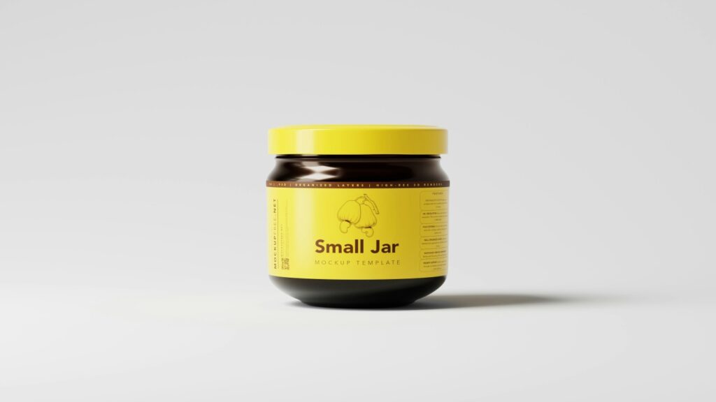 A jar with yellow label and lid on a light grey surface 
