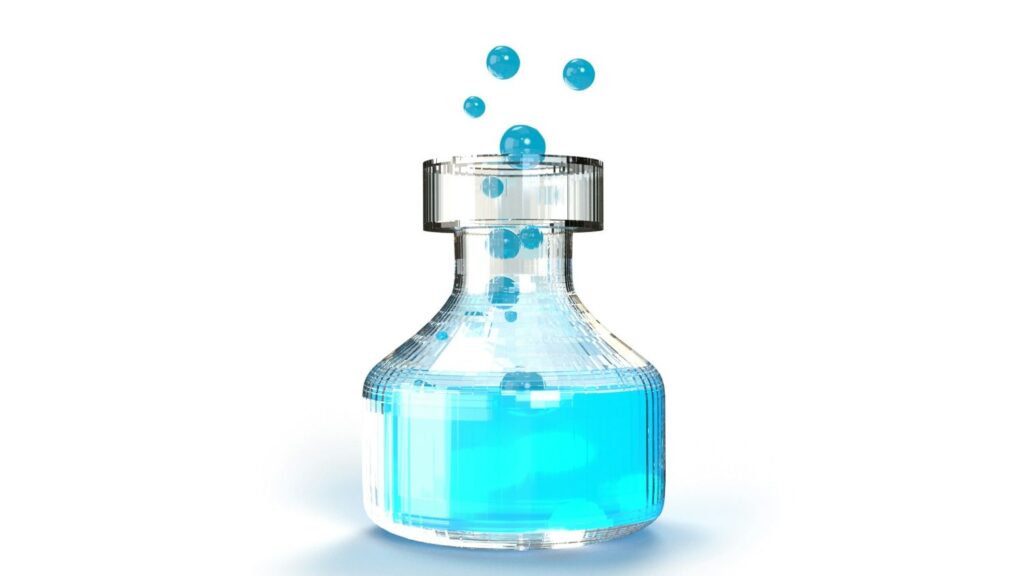 Illustration of a laboratory bottle with a turquoise liquid in it 