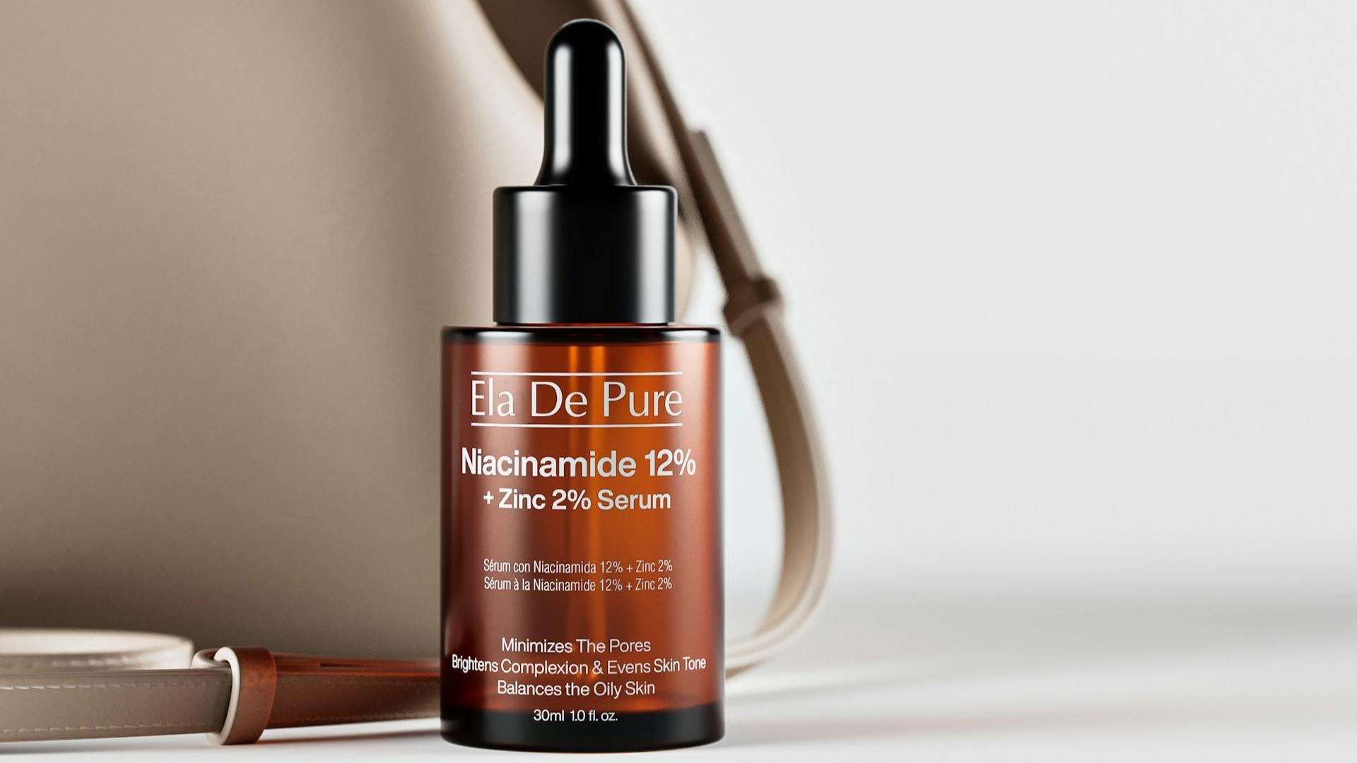close-up image of a bottle of cosmetic product that contains niacinamide