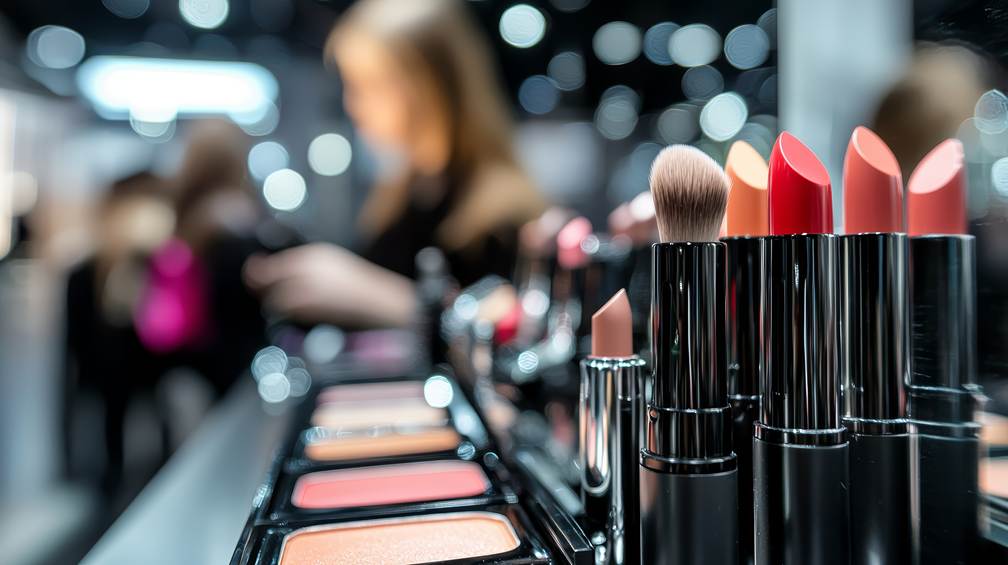 Close-up of lipsticks on a stand at the Makeup in Paris beauty and cosmetic exhibition