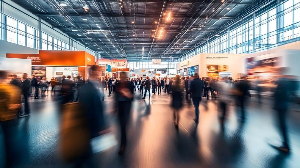 Blurry panoramic image of people at a cosmetic trade show
